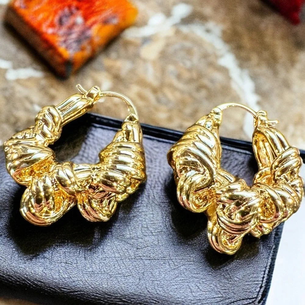 NEW 18K Yellow Gold-Plated Brass Knotted Designer Style Hoops Celeb Favorite